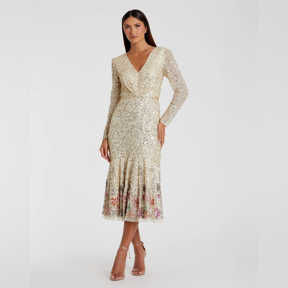 Mac Duggal Gold Sequin Midi Dress